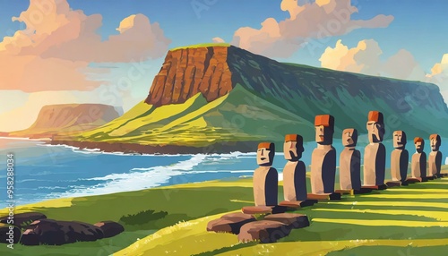 Easter island with moai statues landscape. National park Rapa Nui. Monolithic human figure statue. Remote location. Travel journey and tourism concept. Cartoon style vector 