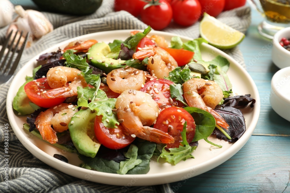 Delicious shrimp salad and ingredients on light blue wooden table, closeup Delicious shrimp salad and ingredients on light blue wooden table, closeup