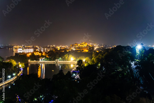 night view of lake city with with dramatic lighting from unique perspective photo