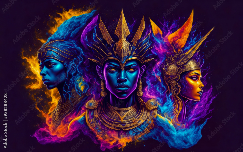 Mystical Triptych of Divine Figures with Fiery and Ethereal Auras