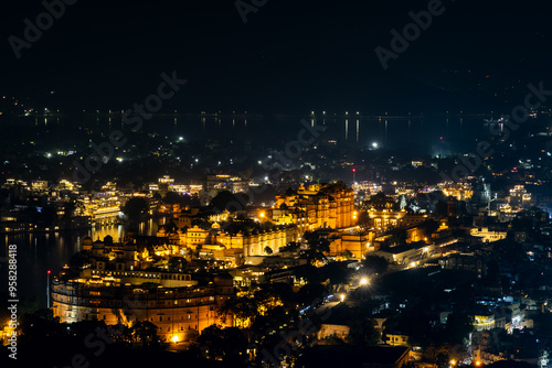 night view of lake city with with dramatic lighting from unique perspective