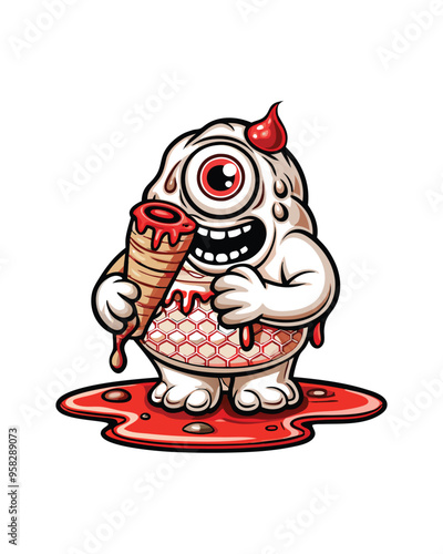Illustrate a chubby one-eyed monster with a silly grin, holding a dripping ice cream cone.