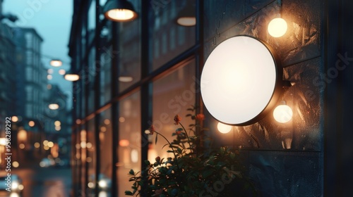 Blank white round hanging sign mockup on the side of the road, blank white circle sign for design use in city environment