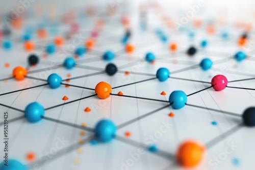 Colorful Network of Connected Spheres Representing Data, Technology, and Innovation.