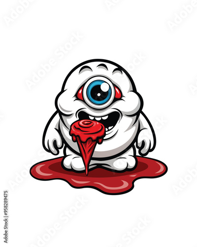 Illustrate a chubby one-eyed monster with a silly expression, dripping red goo from his mouth.