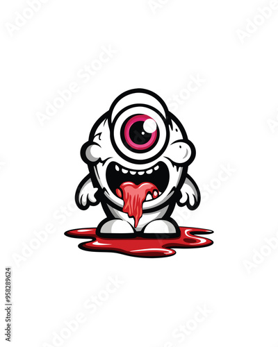 Illustrate a cartoon one-eyed monster with a big smile and a long red tongue. The monster should be chubby and have a large pink eye.