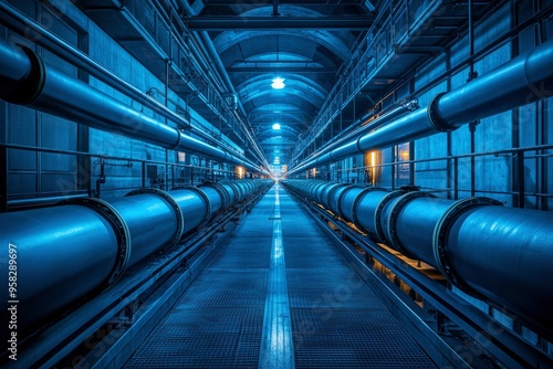 Industrial Pipe Corridor with Blue Lighting