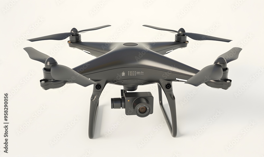 New dark grey drone quadcopter with digital camera and sensors flying isolated on white. New dark grey drone quadcopter with digital camera and sensors flying isolated on white.