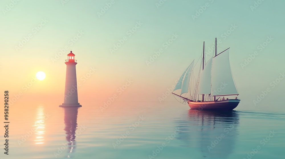 Naklejka premium 3D Ship Sailing on Tranquil Ocean with Lighthouse, Minimalist Design