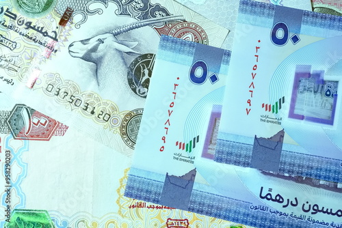 Close up Dirhams currency with new design Notes, AED, Bank notes and coins, United Arab Emirates