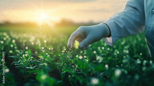 A scientist wearing gloves and a white coat gently touches the petals of a flowering crop, with the field in full bloom, symbolizing the nurturing role of biotechnology in agricult photo