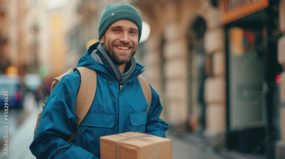 A man is currently carrying a cardboard box while walking on a busy city street A man is currently carrying a cardboard box while walking on a busy city street