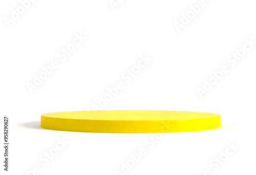 A yellow podium or platform against a soft yellow background with fluffy white clouds