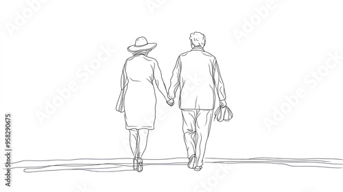 Elderly couple in continuous line art drawing style. Senior man and woman walking together holding hands. Minimalist black linear sketch isolated on white