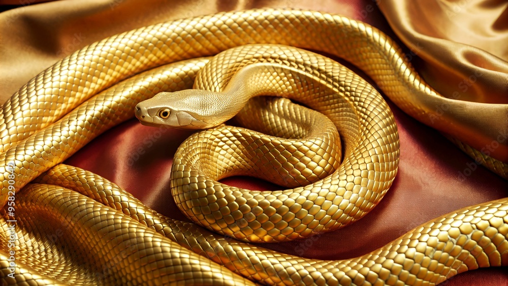 Fototapeta premium Stunning golden snake on a backdrop of fabric textile: detailed interplay of light and shadow that captures essence of luxury ideal for branding, artistic representations of opulence and refinement.