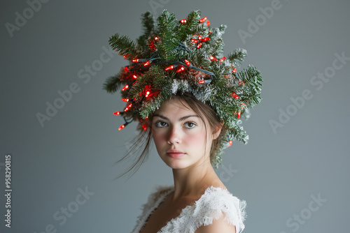 A beautiful woman wearing white dress with a Christmas tree hat, against a gray background. Red Christmas lights adorn the head of a person dressed as an artificial evergreen plant.
