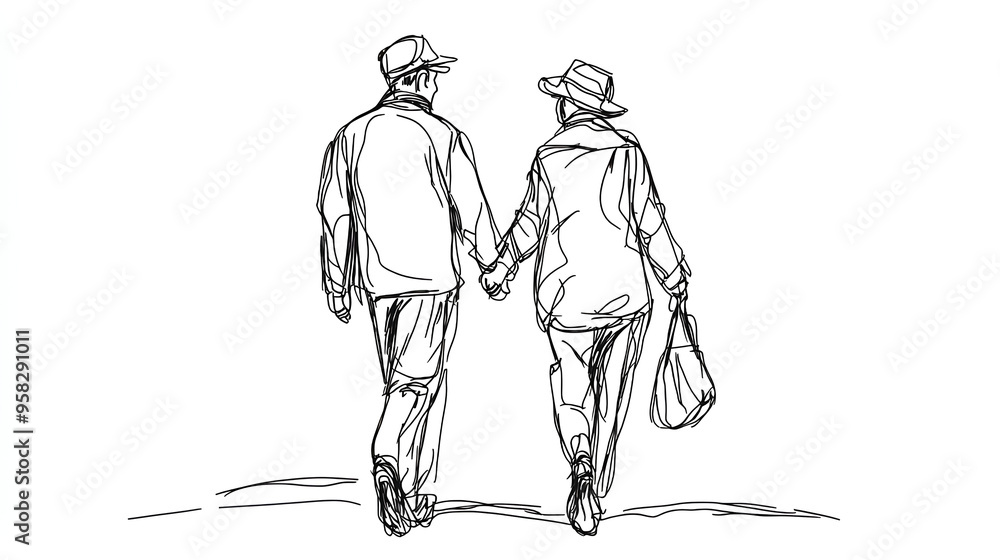 Obraz premium Elderly couple in continuous line art drawing style. Senior man and woman walking together holding hands. Minimalist black linear sketch isolated on white