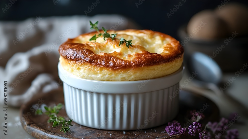 Perfectly Risen Cheese Souffl in Ramekin with Golden Crust and Airy Texture Perfectly Risen Cheese Souffl in Ramekin with Golden Crust and Airy Texture