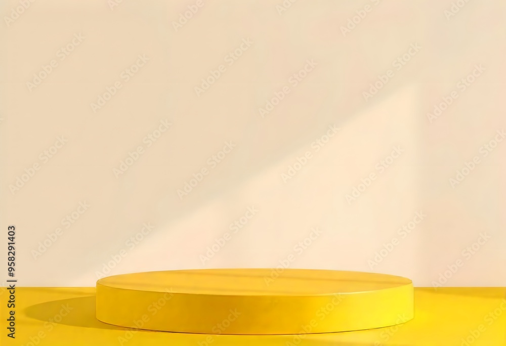 A yellow podium or platform against a soft yellow background with fluffy white clouds A yellow podium or platform against a soft yellow background with fluffy white clouds