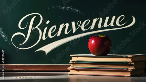 A Chalkboard with “Bienvenue” Written in Cursive and School Essentials in the Foreground (Rentrée Scolaire). photo