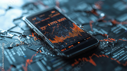 A cracked smartphone screen displaying a stock market app with falling numbers, surrounded by distressed financial headlines photo