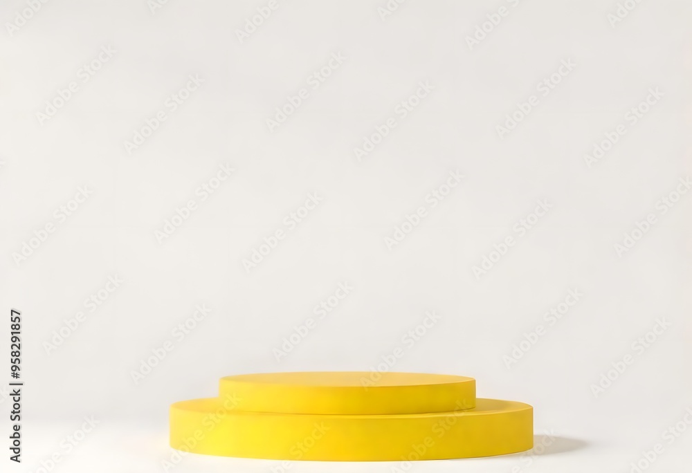 A yellow podium or platform against a soft yellow background with fluffy white clouds