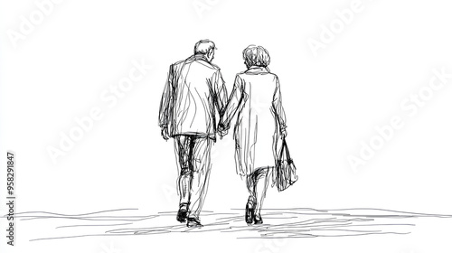 Elderly couple in continuous line art drawing style. Senior man and woman walking together holding hands. Minimalist black linear sketch isolated on white