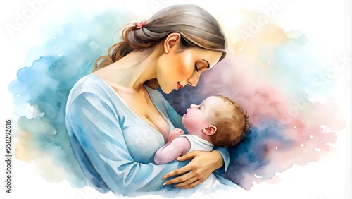 Serene mother tenderly holding her baby, capturing a heartwarming connection in soft pastel tones, watercolor concept – ideal for parenting articles, nursery decor, or intimate family artwork