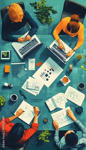 Illustration of a Team of Four People Working on a Project at a Table