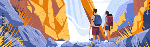 Hikers with backpacks exploring rocky canyon with waterfall and sunlight. Adventure nature outdoor travel landscape