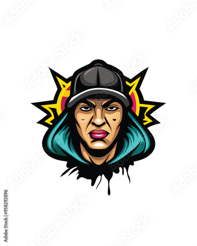 Illustrate a dynamic urban street art design with a female graffiti artist wearing a blue hoodie and a black cap, holding a spray can, with a bold and colorful background.