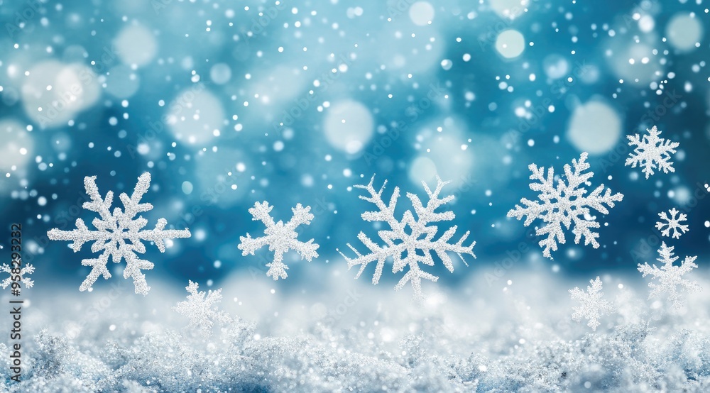 Elegant Snowflakes on Blue Background with Copy Space for Winter Sale Elegant Snowflakes on Blue Background with Copy Space for Winter Sale