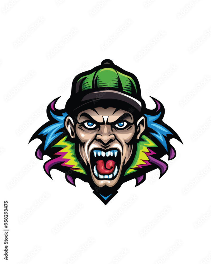 Illustrate a dynamic urban street art design with a screaming face, a green baseball cap, a colorful background, and graffiti-style elements. Illustrate a dynamic urban street art design with a screaming face, a green baseball cap, a colorful background, and graffiti-style elements.