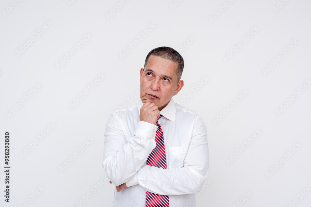 A middle aged office male professional deliberating what he must do. Thinking of new strategies for business. Set against a white background. A middle aged office male professional deliberating what he must do. Thinking of new strategies for business. Set against a white background.