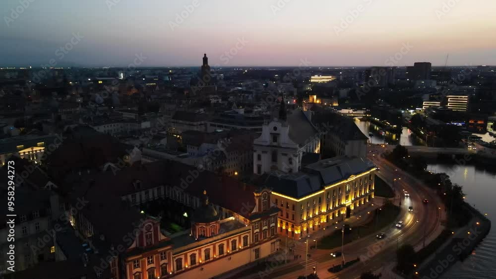 Night view from drone on architecture city street lighting illumination evening Wroclaw Poland Night view from drone on architecture city street lighting illumination evening Wroclaw Poland