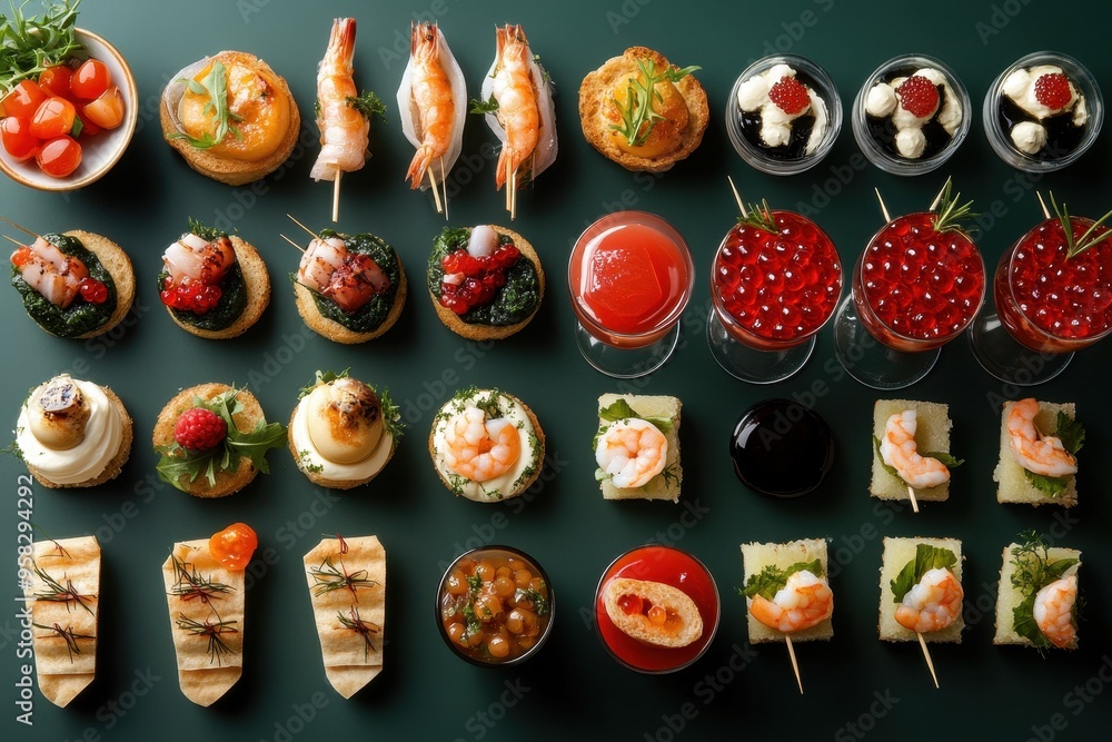 A colorful array of appetizers and drinks arranged elegantly for a festive gathering. A colorful array of appetizers and drinks arranged elegantly for a festive gathering.