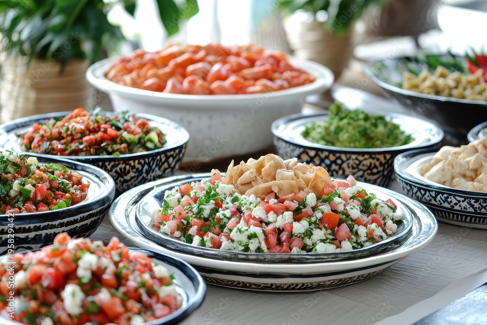 A colorful array of fresh salads and vegetables displayed on a table. A colorful array of fresh salads and vegetables displayed on a table.