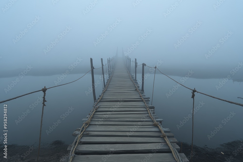 Obraz premium Mysterious foggy wooden bridge tranquil water