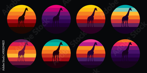 Photography Giraffe silhouette against a striped retro sunset