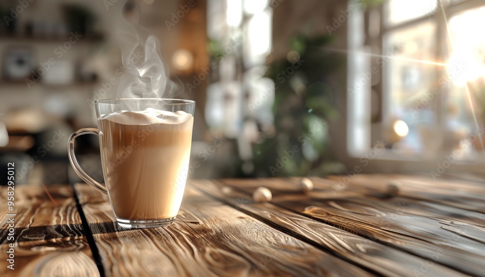 Steaming Latte in Clear Glass on Wooden Table at Cozy Cafe Steaming Latte in Clear Glass on Wooden Table at Cozy Cafe
