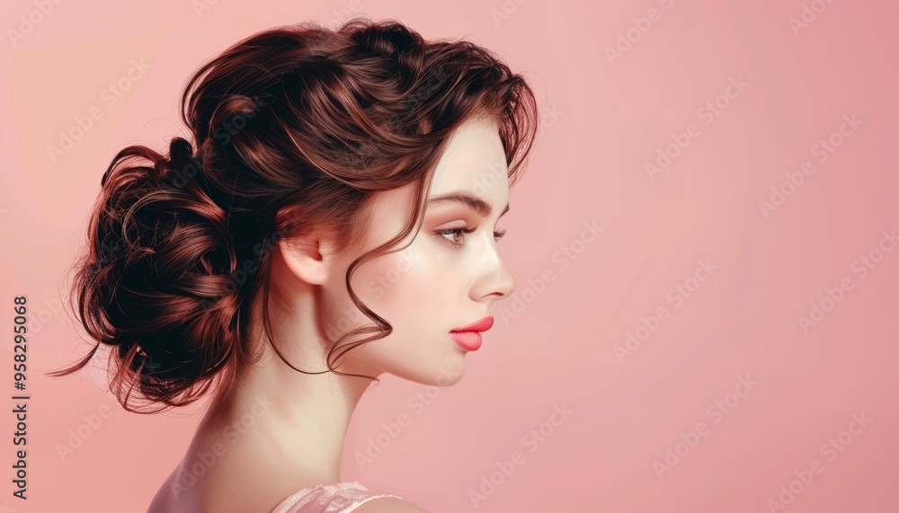 Elegant Woman with Updo Hairstyle on Soft Pink Background Banner with Copy Space Elegant Woman with Updo Hairstyle on Soft Pink Background Banner with Copy Space