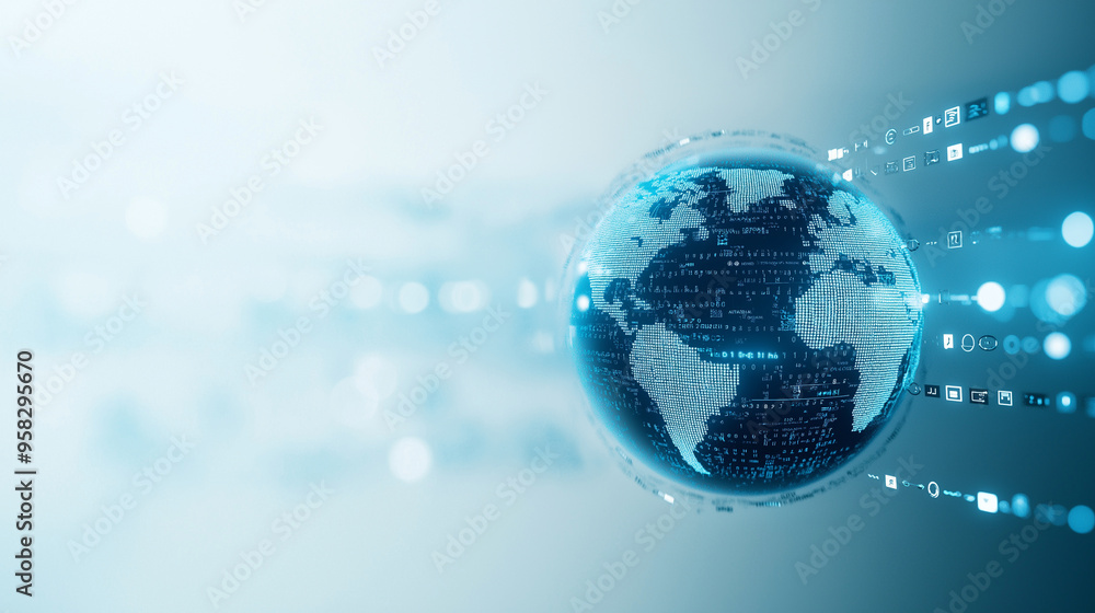 A blue and silver globe, meticulously designed, floats on a minimalist white background, surrounded by chains of glowing data blocks that symbolize digital networks across the glob A blue and silver globe, meticulously designed, floats on a minimalist white background, surrounded by chains of glowing data blocks that symbolize digital networks across the glob