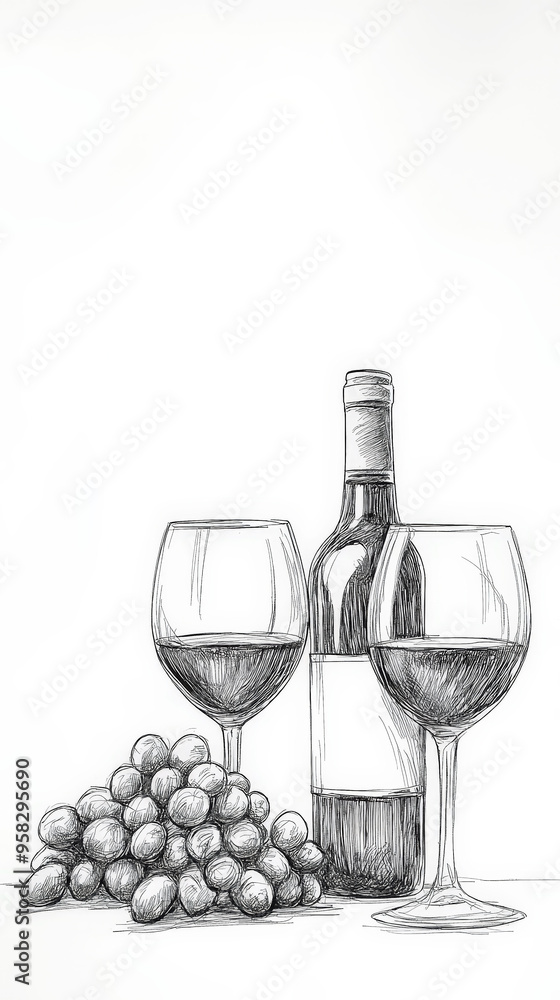 Aesthetic ink sketch of wine bottle and glasses with grapes. Copy space. Winery invitation. Generative AI Aesthetic ink sketch of wine bottle and glasses with grapes. Copy space. Winery invitation. Generative AI