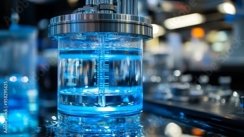 Fluid dynamics lab experiment with a high-tech water gauge, showing water flow in transparent tubes, clear numerical display, controlled environment