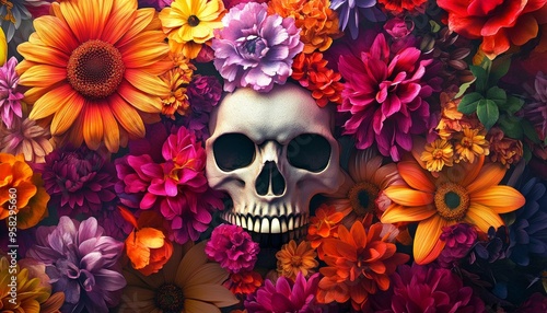 Colorful Flowery Background with a Skull Decorated for Day of the Dead Celebration