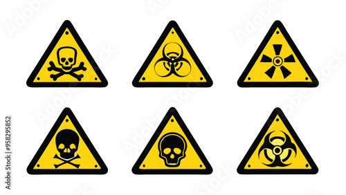 Free Download Set of yellow triangle danger warning signs with skull, biohazard, and radiation symbols. - GFXLoad