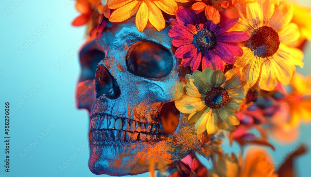 Skull with Flowers Sketch on a Bright Background in a Halloween-Themed Illustration Skull with Flowers Sketch on a Bright Background in a Halloween-Themed Illustration