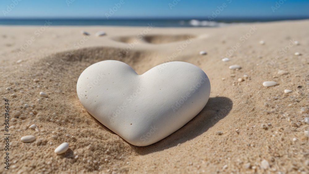 Fototapeta premium Heart shaped pebble stone isolated on beach sand