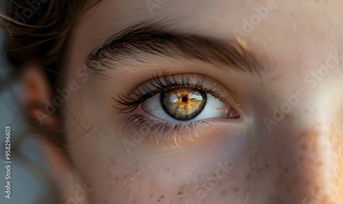 Eyes and eyebrows close up. Portrait of a beautiful teenage girl with beautiful makeup and healthy clean skin.Makeup and cosmetology concept. 