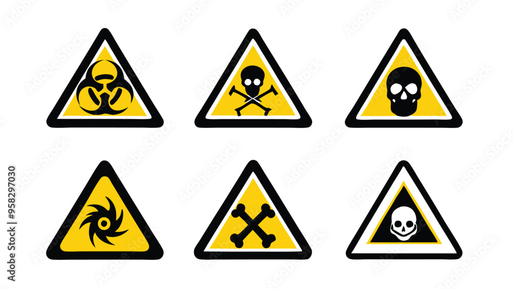 Set of six yellow triangle danger warning signs with black borders, containing symbols for biohazard, skull and crossbones, poison, skull, and bones. Set of six yellow triangle danger warning signs with black borders, containing symbols for biohazard, skull and crossbones, poison, skull, and bones.